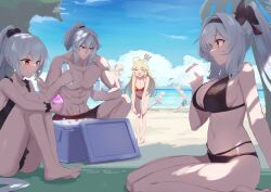 Rule 34 | 2boys, 6+girls, abs, afrody, ahoge, beach, bikini, black bikini, black hairband, black one-piece swimsuit, black shorts, blonde hair, blurry, blush, bottle, breasts, character request, cleavage, closed eyes, cloud, cloudy sky, commentary request, father and daughter, grey hair, guardian tales, hairband, halterneck, high ponytail, highres, holding, holding bottle, knees up, large breasts, leaning forward, long hair, looking at object, looking at viewer, multiple boys, multiple girls, muscular, muscular male, navel, ocean, one-piece swimsuit, open mouth, ponytail, red bikini, red eyes, short ponytail, shorts, sitting, sky, summer, swimsuit, wariza, water bottle