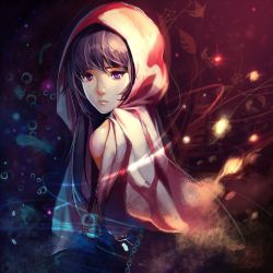 Rule 34 | 1girl, anti (0324), bad id, bad pixiv id, bare shoulders, black hair, bubble, chain, cloak, highres, hood, hooded cloak, leaf, light particles, long hair, looking at viewer, looking to the side, original, purple eyes, solo