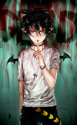 Rule 34 | 1boy, :|, bat wings, black hair, carrot (carrotsgame), choker, closed mouth, cross, cross necklace, demon boy, finger to mouth, highres, horns, jewelry, male focus, necklace, original, red eyes, short hair, solo, tail, wings