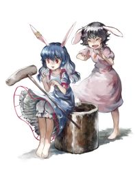 Rule 34 | 2girls, animal ears, barefoot, black hair, bloomers, blue dress, blue hair, carrot necklace, closed eyes, commentary request, dress, earclip, inaba tewi, jewelry, kine, kukkuru, low twintails, mallet, multiple girls, necklace, open mouth, pink dress, puffy short sleeves, puffy sleeves, rabbit ears, rabbit tail, red eyes, seiran (touhou), short hair, short sleeves, simple background, sitting, smile, surprised, tail, touhou, twintails, underwear, white background