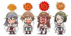 Rule 34 | &gt; &lt;, 10s, 4girls, :q, bare shoulders, black hair, blush, brown hair, brown legwear, censored, censored text, chibi, closed eyes, curry, curry rice, detached sleeves, eating, food, full-face blush, glasses, hairband, haruna (kancolle), hiei (kancolle), japanese clothes, kantai collection, kirishima (kancolle), kongou (kancolle), long hair, multiple girls, nishieda, no legwear, personification, pleated skirt, rice, short hair, simple background, skirt, smile, spilling, standing, sweatdrop, thighhighs, tongue, tongue out, translated, white background, zettai ryouiki