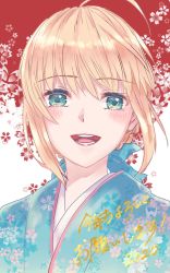 Rule 34 | 1girl, 2020, :d, ahoge, alternate costume, artoria pendragon (all), artoria pendragon (fate), bag, blonde hair, blue eyes, blue kimono, blue ribbon, fate/stay night, fate (series), floral print, hair between eyes, hair ribbon, highres, japanese clothes, kimono, looking at viewer, open mouth, portrait, print kimono, red background, ribbon, ro96cu, saber (fate), short hair, smile, solo, two-tone background, white background