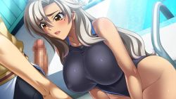Rule 34 | 1boy, 1girl, arm support, bishop (company), blonde hair, breasts, censored, competition swimsuit, covered navel, curvy, dark-skinned female, dark skin, embarrassed, erection, game cg, hetero, highleg, highleg swimsuit, imminent fellatio, kagami hirotaka, kneeling, large breasts, lips, long hair, looking at another, looking at penis, mesu kyoushi 3, mizusawa chisato, nipples, one-piece swimsuit, open mouth, oral, penis, pool, precum, silver hair, sweat, swimsuit, tears, water
