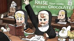 Rule 34 | 5girls, :&lt;, :t, ^ ^, animal, animal on head, bib, bird, bird on head, blonde hair, blue eyes, book, bowl, brown eyes, brown hair, chalkboard, cheek bulge, chicken, chocolate, closed eyes, clumsy nun (diva), commentary, corn, curtains, desk, dirty, dirty clothes, dirty face, dirty hands, diva (hyxpk), duck, duckling, eating, elbow rest, english commentary, food, food in mouth, food on face, frog, froggy nun (diva), glasses, glasses nun (diva), habit, hand up, hanging on, highres, holding, holding book, holding chocolate, holding food, holding pencil, index finger raised, little nuns (diva), multiple girls, nun, on head, pencil, plate, poster (object), smug nun (diva), spicy nun (diva), traditional nun, writing, yellow eyes