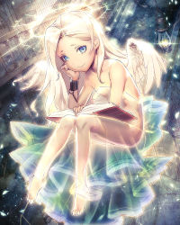 Rule 34 | 1girl, angel, angel wings, bad id, bad pixiv id, bare shoulders, barefoot, blonde hair, blue eyes, book, collarbone, cuffs, dress, feathered wings, floating, glint, glowing, halo, head rest, key, lantern, legs, library, light, long hair, looking at viewer, open book, original, reading, see-through, shackles, shelf, smile, solo, strapless, strapless dress, tako (pixiv8535), wings