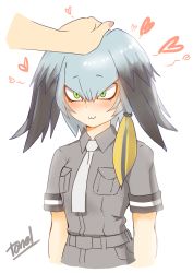 Rule 34 | 10s, 1girl, :3, artist name, blush, breast pocket, disembodied hand, green eyes, grey hair, grey shirt, hand on another&#039;s head, headpat, heart, kemono friends, long hair, low ponytail, multicolored hair, necktie, pocket, shirt, shoebill (kemono friends), solo focus, tonel, upper body, white necktie