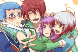 Rule 34 | 2boys, 2girls, asbel lhant, blue eyes, blue hair, blue shirt, blush, brothers, brown hair, glasses, gloves, hubert ozwell, hug, long hair, multicolored hair, multiple boys, multiple girls, one eye closed, pascal (tales), purple eyes, purple hair, scarf, shirt, siblings, smile, sophie (tales), tales of (series), tales of graces, wink, yellow eyes, you (kimito)