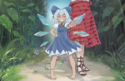 Rule 34 | 2girls, barefoot, blue dress, blue hair, bow, cirno, closed eyes, commentary request, day, dress, eyebrows, facing viewer, feet, field, flower, flower field, grin, hair bow, hand on own hip, height difference, hidden star in four seasons, high heels, highres, ice, ice wings, kazami yuuka, multiple girls, nail polish, no socks, out of frame, outdoors, outstretched arm, plaid, plaid skirt, plaid vest, plant, puchikya, puffy short sleeves, puffy sleeves, sandals, short hair, short sleeves, skirt, sky, smile, solo focus, standing, sunflower, sunflower field, tan, tanned cirno, toenail polish, toenails, toes, touhou, v, vest, vines, wings