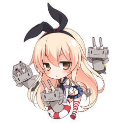 Rule 34 | 10s, 1girl, anchor hair ornament, ayase hazuki, bad id, bad pixiv id, blonde hair, blush, chibi, elbow gloves, gloves, hair ornament, hairband, kantai collection, lifebuoy, long hair, looking at viewer, rensouhou-chan, shimakaze (kancolle), simple background, skirt, solo, striped clothes, striped thighhighs, swim ring, thighhighs, very long hair, white background, yellow eyes