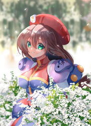 Rule 34 | 1girl, android, arm at side, blurry, blurry background, breasts, brown hair, flower, green eyes, grin, hair between eyes, hat, highres, humanoid robot, iris (mega man), light particles, long hair, looking at viewer, medium breasts, mega man (series), mega man x (series), outdoors, parco 1315, parted lips, robot, smile, solo, white flower