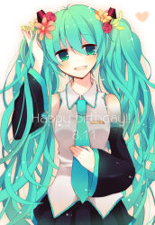 Rule 34 | 1girl, aqua eyes, aqua hair, bad id, bad pixiv id, bare shoulders, dated, detached sleeves, flower, hair flower, hair ornament, happy birthday, hatsune miku, heart, long hair, looking at viewer, necktie, open mouth, shimotsuki eri, simple background, skirt, smile, solo, twintails, very long hair, vocaloid