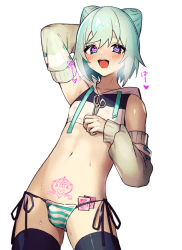 Rule 34 | 1boy, :d, androgynous, arm up, bikini, bikini bottom only, black thighhighs, blue hair, blush, bulge, condom, crop top, cropped hoodie, detached sleeves, drawstring, heart, heart-shaped pupils, hood, hood down, hoodie, indie virtual youtuber, male focus, navel, open mouth, original, pubic tattoo, roobababa, sleeveless, sleeveless hoodie, smile, solo, striped bikini, striped clothes, sweat, swimsuit, symbol-shaped pupils, tattoo, thighhighs, trap, virtual youtuber, yoruhachi