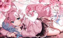 Rule 34 | 1girl, animal ears, blue eyes, cherry blossoms, dress, fox ears, fox girl, fox tail, frilled dress, frills, kiyochii, looking at viewer, lying, on side, original, outdoors, pillow, pink hair, skirt, smile, solo, tail, tree, virtual youtuber