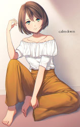 Rule 34 | 1girl, against wall, brown hair, closed mouth, commentary request, english text, fal (fal-se-0), full body, green eyes, highres, indoors, looking at viewer, mixed-language commentary, off-shoulder shirt, off shoulder, orange pants, original, pants, shirt, short hair, short sleeves, sitting, smile, solo, white shirt