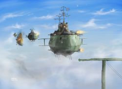 Rule 34 | aircraft, airship, aoi waffle, artist name, banner, battle, cannon, cloud, cloudy sky, dated, explosion, flag, flying, highres, no humans, original, sky, vehicle focus, waffle0608