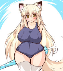 Rule 34 | 1girl, animal ears, blonde hair, breasts, choko-san (fuyu), female focus, fox ears, fox tail, fuyu, hip focus, hotaru-mia, huge breasts, long hair, one-piece swimsuit, plump, solo, standing, swimsuit, tail, thick thighs, thigh gap, thighhighs, thighs, umbrella, white thighhighs, wide hips, yellow eyes