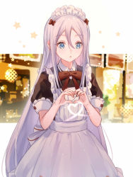 Rule 34 | 1girl, alternate costume, apron, black dress, blue eyes, bow, collared dress, commentary request, dress, enmaided, frilled apron, frills, grey hair, hair between eyes, haku wi, heart, heart hands, highres, long hair, maid, maid apron, maid headdress, parted bangs, project sekai, puffy short sleeves, puffy sleeves, red bow, short sleeves, solo, star (symbol), very long hair, white apron, yoisaki kanade