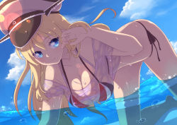 Rule 34 | 10s, 1girl, bikini, bismarck (kancolle), blonde hair, blue eyes, blue sky, breasts, bubble, cloud, day, dripping, dutch angle, hand in own hair, hanging breasts, hat, highres, kantai collection, kneeling, large breasts, light smile, long hair, looking at viewer, moonhackle, partially submerged, see-through, sky, solo, string bikini, swimsuit, uniform, water, water drop, wet, wet clothes