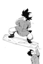 Rule 34 | 2boys, blush, carrying, carrying person, dragon ball, dragonball z, frown, greyscale, highres, light blush, male focus, monochrome, motion lines, multiple boys, one armed carry, receding hairline, short hair, sideburns, smile, son goku, spiked hair, stomach, supobi, surfing, thick eyebrows, vegeta, wind, yaoi