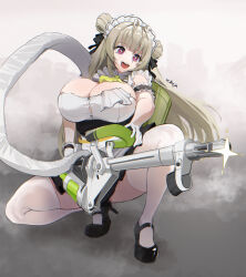 Rule 34 | + +, 1girl, :d, absurdres, antenna hair, apron, arm cuffs, artist name, ascot, black footwear, black gloves, black skirt, breasts, button gap, double bun, frills, gatling gun, gloves, goddess of victory: nikke, green ascot, gun, hair bun, hair ribbon, heart antenna hair, high heels, highres, holding, holding gun, holding weapon, huge breasts, light green hair, long hair, maid, maid apron, maid headdress, open mouth, pink eyes, pleated skirt, ribbon, skirt, sleeveless, smile, soda (nikke), solo, squatting, teeth, thighhighs, thighs, two-tone gloves, uchujin 416, upper teeth only, weapon, white gloves, white thighhighs