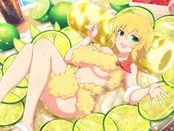 Rule 34 | 1girl, ass, bare hips, bare legs, bare shoulders, blonde hair, blue eyes, breasts, food, food on body, fruit, green eyes, heterochromia, highres, knees together feet apart, knees up, legs, lemon, lemon slice, long hair, looking at viewer, lying, open mouth, revealing clothes, ryouna (senran kagura), senran kagura, sexually suggestive, shrimp, thick thighs, thighs, underwear, waving