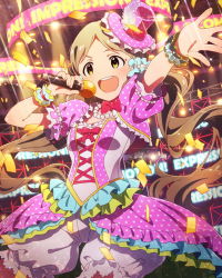 Rule 34 | 10s, 1girl, :d, brown hair, confetti, handa roco, hat, idolmaster, idolmaster million live!, long hair, low twintails, microphone, million live card, mini hat, mini top hat, official art, open mouth, smile, solo, teeth, top hat, twintails, wireless, wristband, yellow eyes