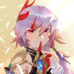 Rule 34 | 1girl, bare shoulders, china dress, chinese clothes, closed mouth, daylightallure, dress, feathers, fu hua, fu hua (phoenix), gloves, hair between eyes, hair ornament, highres, honkai (series), honkai impact 3rd, index finger raised, long hair, looking at viewer, multicolored hair, ponytail, red eyes, red gloves, sleeveless, smile, solo, streaked hair, white hair