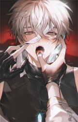 Rule 34 | 1boy, ahegao, baegji13, bishounen, black gloves, brown eyes, brown hair, crossed bangs, eiden (nu carnival), fingerless gloves, gem, gloves, glowing, highres, jewelry, looking at viewer, male focus, necklace, nu carnival, open mouth, pov, pov hands, red background, saliva, short hair, v-shaped eyebrows