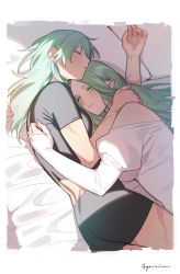 Rule 34 | 2girls, bed, black shirt, black shorts, blush, border, breasts, byleth (female) (fire emblem), byleth (fire emblem), closed eyes, closed mouth, cuddling, dress, female focus, fire emblem, fire emblem: three houses, green eyes, green hair, highres, hug, ikarin, jewelry, long hair, long sleeves, lying, matching hair/eyes, multiple girls, nintendo, on bed, on side, parted lips, pillow, pointy ears, rhea (fire emblem), ring, shirt, shorts, sleeping, wedding band, white dress, wife and wife, yuri
