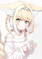Rule 34 | 1girl, absurdres, alternate costume, animal ear fluff, animal ears, arknights, bare shoulders, black collar, blonde hair, blue hairband, blush, braid, chromatic aberration, closed mouth, coffee mug, collar, collarbone, commentary request, cup, dot nose, emimeku, fox ears, fox girl, fox tail, green eyes, grey background, hairband, head tilt, heart, highres, holding, holding cup, infection monitor (arknights), kitsune, kyuubi, long bangs, long hair, long sleeves, looking at viewer, mug, multicolored hair, multiple tails, off-shoulder sweater, off shoulder, rhodes island logo (arknights), ribbed sweater, simple background, smile, solo, spaghetti strap, split mouth, suzuran (arknights), sweater, tail, twin braids, two-tone hair, upper body, white hair, white sweater, wide sleeves