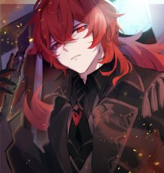 Rule 34 | 1boy, antenna hair, black gloves, coat, commentary request, diluc (genshin impact), frown, genshin impact, gloves, gumilkx, hair between eyes, highres, long hair, looking at viewer, looking down, male focus, necktie, parted lips, red eyes, red hair, solo, upper body