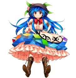 Rule 34 | antinomy of common flowers, black hat, blouse, boots, bow, bowtie, cross-laced footwear, food, from below, fruit, full body, harukawa moe, hat, hinanawi tenshi, lace-up boots, official art, peach, red bow, red bowtie, shirt, shoe soles, solo, touhou, transparent background, v-shaped eyebrows, white shirt