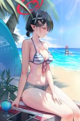 Rule 34 | 3girls, absurdres, ayane (blue archive), ayane (swimsuit) (blue archive), beach, bikini, black bikini, black hair, blue archive, blue bikini, blue sky, braid, breasts, cleavage, cloud, crown braid, cup, day, dong ji, drinking straw, eyewear hang, unworn eyewear, grey shorts, halo, halterneck, highres, hoshino (blue archive), hoshino (swimsuit) (blue archive), large breasts, long hair, looking away, micro shorts, multiple girls, navel, outdoors, palm tree, pink hair, pointy ears, profile, psd available, serika (blue archive), serika (swimsuit) (blue archive), short hair, shorts, sky, stylus, surfboard, swimsuit, tablet pc, thick thighs, thighs, tree, twintails, very long hair, yellow eyes