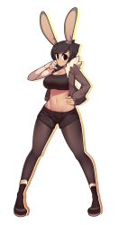 Rule 34 | 1girl, absurdres, animal ears, black eyes, black footwear, black pantyhose, black shorts, blush, boots, breasts, brown jacket, cleavage, closed mouth, crop top, emi (fizintine), fizintine, full body, fur-trimmed jacket, fur trim, hand on own hip, highres, jacket, large breasts, looking at viewer, mechanical arms, navel, original, pantyhose, rabbit ears, rabbit girl, short hair, short shorts, shorts, simple background, single mechanical arm, smile, solo, swept bangs, tan