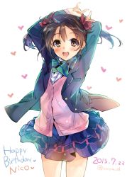 Rule 34 | 10s, 1girl, \m/, arms up, black hair, blazer, blush, bow, brown eyes, character name, hair bow, happy birthday, jacket, long hair, looking at viewer, love live!, love live! school idol project, open mouth, red eyes, school uniform, simple background, skirt, smile, solo, sweater vest, twintails, yazawa nico, yu yu