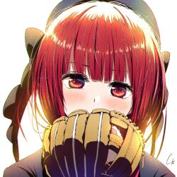Rule 34 | 1girl, 4b-enpitsu, arima kana, baseball glove, beret, black bow, blue hat, blue jacket, blunt bangs, blush, bob cut, bow, chromatic aberration, covering own mouth, film grain, hat, hat bow, highres, inverted bob, jacket, light particles, looking at viewer, medium hair, no pupils, oshi no ko, portrait, red eyes, red hair, school uniform, signature, simple background, solo, white background, youtou high school uniform