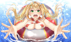Rule 34 | 1girl, ahoge, bikini, blonde hair, breasts, cleavage, fate/grand order, fate (series), female focus, gakuon (gakuto), green eyes, lifebuoy, long hair, nero claudius (fate), nero claudius (fate) (all), nero claudius (swimsuit caster) (fate), open mouth, pool, sliding, solo, swim ring, swimsuit, twintails