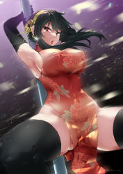 Rule 34 | 1girl, absurdres, armpits, arms up, black hair, black thighhighs, breasts, china dress, chinese clothes, dress, earrings, flower, hair flower, hair ornament, hairband, highres, jewelry, large breasts, lipstick, looking at viewer, makeup, pelvic curtain, pole dancing, red dress, red eyes, red lips, rose, shiozuke ikura, sideboob, sleeveless, sleeveless dress, solo, spread legs, spy x family, thighhighs, thighs, yor briar