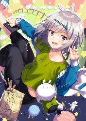 Rule 34 | 1girl, animal ears, bad id, bad pixiv id, bag, black pants, blue footwear, blue jacket, blush, clothes writing, collarbone, commentary request, drawing tablet, drawstring, fence, food, from above, green shirt, grey eyes, grey hair, hair ornament, hairclip, hand up, highres, holding, holding stylus, ichiren namiro, jacket, long sleeves, looking at viewer, looking back, looking up, open clothes, open jacket, open mouth, original, pants, shirt, short sleeves, sleeves past wrists, slippers, solo, star (symbol), stylus