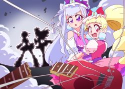 Rule 34 | 10s, absurdres, aisaki emiru, bare shoulders, blunt bangs, bow, bowtie, cure amour, cure black, cure macherie, cure white, dress, drill hair, earrings, frilled dress, frills, futari wa precure, gloves, guitar, highres, hugtto! precure, instrument, jewelry, long hair, magical girl, otokamu, precure, puffy short sleeves, puffy sleeves, ruru amour, short sleeves, white gloves