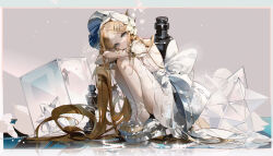 Rule 34 | 1girl, absurdly long hair, arm rest, arms on knees, ass, back bow, beads, blonde hair, bow, breasts, chess piece, closed mouth, commentary request, crossed arms, crystal, cube, dress, frilled footwear, frills, full body, glint, grey background, grey eyes, hair ornament, head on arm, head rest, highres, hood, large bow, light particles, long hair, looking at viewer, medium breasts, original, parted hair, reflection, ribbon, see-through, see-through dress, short sleeves, signature, slippers, solo, squatting, taiz22, tiptoes, translucent, very long hair, white bow, white dress, white ribbon