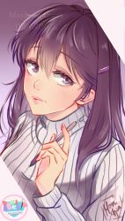 Rule 34 | 1girl, absurdres, artist name, commentary, copyright name, doki doki literature club, english commentary, hair between eyes, hair ornament, hairclip, highres, holding, holding pen, huge filesize, long hair, looking at viewer, moriartea-chan, pen, purple eyes, purple hair, ribbed sweater, solo, sweater, upper body, white sweater, yuri (doki doki literature club)