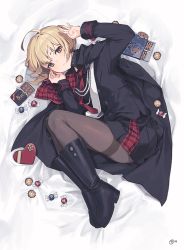 Rule 34 | 1girl, arm up, artoria pendragon (fate), bed sheet, black footwear, black jacket, black shirt, black skirt, boots, box, brown eyes, brown hair, brown pantyhose, candy, candy wrapper, chocolate, chocolate bar, chocolate chip cookie, closed mouth, collared shirt, cookie, dress shirt, fate/grand order, fate (series), food, full body, hand up, heart-shaped box, jacket, knee boots, long sleeves, looking at viewer, lying, mysterious heroine x alter (fate), nagu, necktie, on side, open clothes, open jacket, pantyhose, pleated skirt, shirt, skirt, solo, thighband pantyhose, white necktie