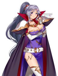 Rule 34 | 1girl, armor, artist name, belt, black cape, bracelet, breasts, cape, chocojax, choker, cross, detached sleeves, earrings, elbow gloves, eyebrows hidden by hair, fire emblem, fire emblem: genealogy of the holy war, gloves, hair behind ear, highres, ishtar (fire emblem), jewelry, long hair, looking at viewer, nintendo, pauldrons, pelvic curtain, ponytail, purple eyes, purple hair, shoulder armor, side slit, smile, solo, thighhighs, white gloves