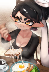 Rule 34 | + +, 1girl, alternate costume, ass, black hair, black shirt, blush, bread slice, breakfast, breasts, callie (splatoon), censored, cleavage, closed mouth, cum, cum on food, cum string, disembodied penis, food, gradient hair, handjob, highres, kashu (hizake), large breasts, long hair, looking to the side, mole, mole under eye, mosaic censoring, multicolored hair, nintendo, penis, pointy ears, shirt, sitting, splatoon (series), toast, tongue, tongue out, yellow eyes