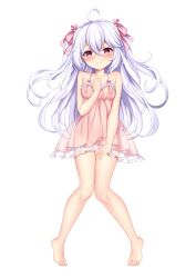 Rule 34 | 1girl, absurdres, ahoge, arlext, babydoll, barefoot, bottomless, breasts, commentary request, dakimakura (medium), feet, full body, gluteal fold, hand on own thigh, highres, knees together feet apart, legs, long hair, navel, nipples, no bra, original, pussy, red eyes, ribbon, see-through, silver hair, simple background, smile, solo, thigh gap, thighs, toes, transparent background, two side up, white background