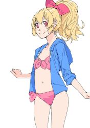 Rule 34 | 1girl, aikatsu!, aikatsu! (series), akinbo (hyouka fuyou), bikini, blonde hair, blue jacket, bow, breasts, cleavage, collarbone, cowboy shot, front-tie bikini top, front-tie top, hair between eyes, hair bow, high ponytail, highres, hood, hood down, hooded jacket, hoshimiya ichigo, jacket, long hair, looking at viewer, navel, open clothes, open jacket, pink bikini, pink bow, red bow, red eyes, side-tie bikini bottom, simple background, small breasts, smile, solo, standing, strapless, strapless bikini, swimsuit, white background