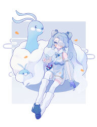 Rule 34 | 1girl, absurdres, altaria, bare shoulders, blue eyes, blue footwear, blue hair, commentary, creatures (company), detached sleeves, double bun, flying miku (project voltage), full body, fur collar, game freak, gen 3 pokemon, gloves, hair bun, hair over one eye, hair ribbon, hand fan, hand up, hatsune miku, highres, holding, holding fan, long hair, looking at viewer, loose socks, miwoi, nintendo, open mouth, petals, poke ball, poke ball (basic), pokemon, pokemon (creature), project voltage, ribbon, see-through, see-through shorts, see-through sleeves, shoes, shorts, single glove, sitting, socks, swablu, twintails, vocaloid, wind chime