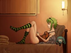 Rule 34 | 1girl, bare arms, bare hips, bare legs, bed, bed sheet, bedroom, bottomless, brown tank top, cellphone, collarbone, copyright request, crossed legs, curtains, doll, goggles, goggles on head, green eyes, green footwear, green hair, gumi, hachune miku, hatsune miku, highres, holding, holding phone, kneehighs, light, looking at phone, night, no panties, on bed, on pillow, phone, pillow, relaxing, short hair, smile, socks, striped clothes, striped socks, tank top, window