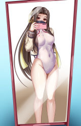 Rule 34 | 1girl, breasts, brown eyes, brown hair, brown jacket, cellphone, competition swimsuit, covered navel, feet out of frame, hair intakes, hair ribbon, highres, jacket, kozu rokuta, long hair, looking at viewer, mask, medium breasts, mirror, mouth mask, one-piece swimsuit, open clothes, open jacket, original, phone, reflection, ribbon, selfie, solo, swimsuit, turtleneck, white one-piece swimsuit, yellow ribbon